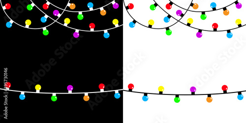 Colorful fairy light set. Christmas lights string. Holiday festive xmas decoration. Lightbulb glowing garland. Rainbow color. Round cone shape. Flat design. Isolated. Black White background. photo