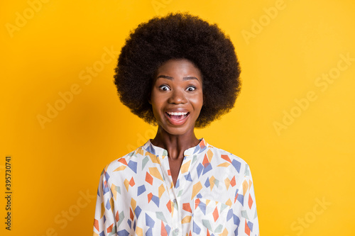 Close up photo of nice hairdo person impressed open mouth staring isolated on yellow color background © deagreez