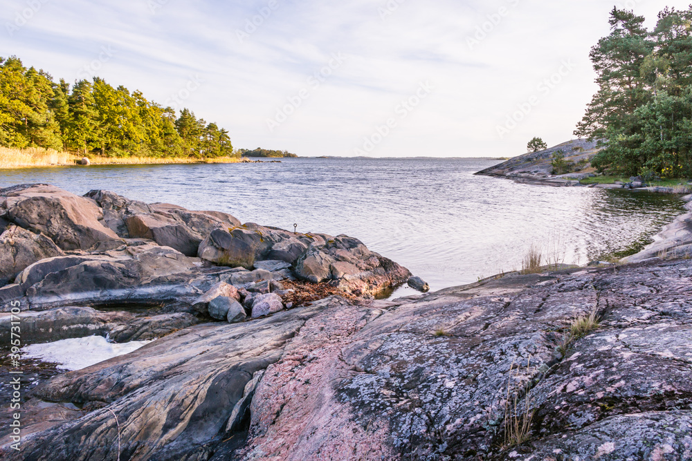 Overlooking the Baltic sea in early morning from a small rocky island on the coast of Sweden