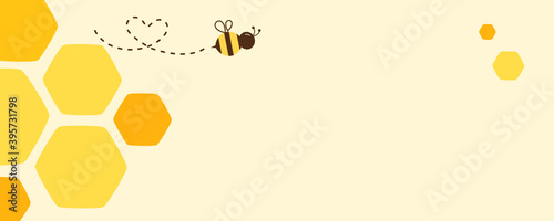 Honeycomb label or banner with hexagon cells and flying bee cartoon on yellow background vector illustration.