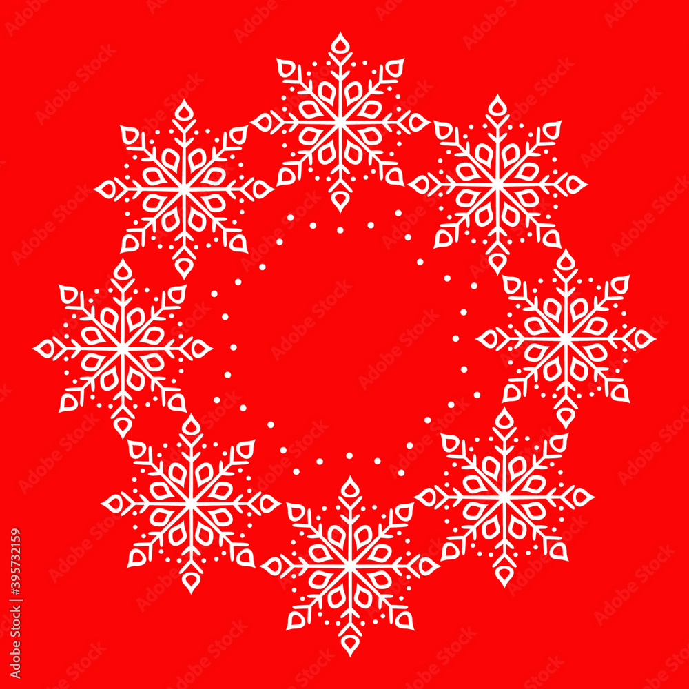 Merry Christmas and Happy New year. Background for winter holidays, white snowflakes on a red background.
