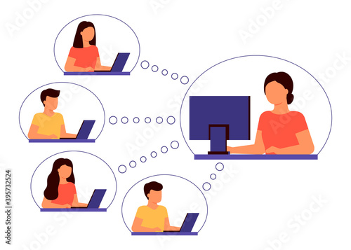Group of people communicate over Internet at distance. Communication, meeting, negotiations, training online. Home university, web e-learning, online education, knowledge concept, remote work. Vector