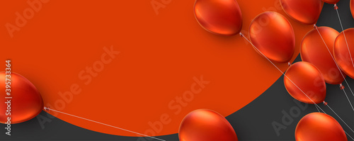 Red balloons with threads on red round background.