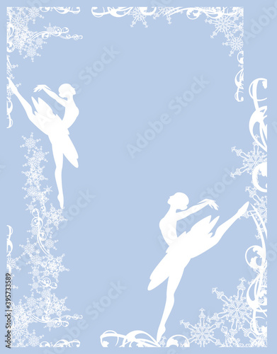 beautiful ballerina girl and snowflakes frame - white vector silhouette set for winter season ballet design