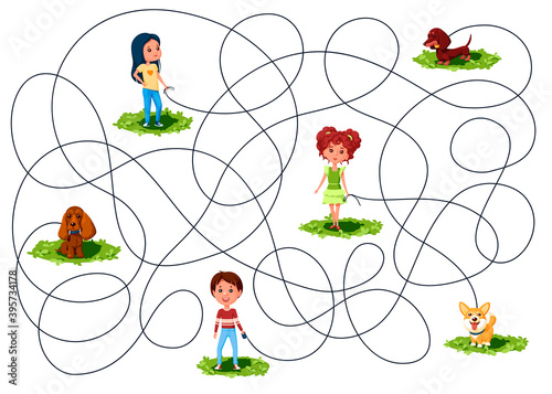 Three children walk on the lawn the dogs on leashes. Guess where is whose dog is? Children's picture puzzle with tangled lines.