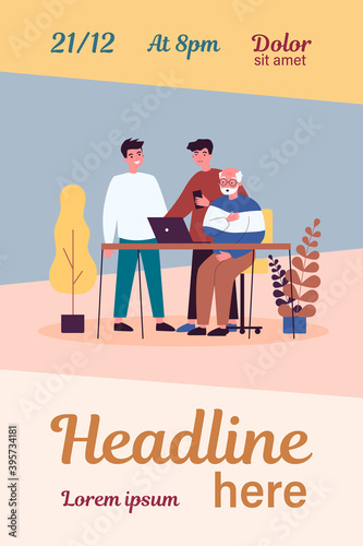 Two young and one senior men watching movie. Guys explaining to granddad how to use laptop flat vector illustration. Technology and entertainment concept for banner, website design or landing web page