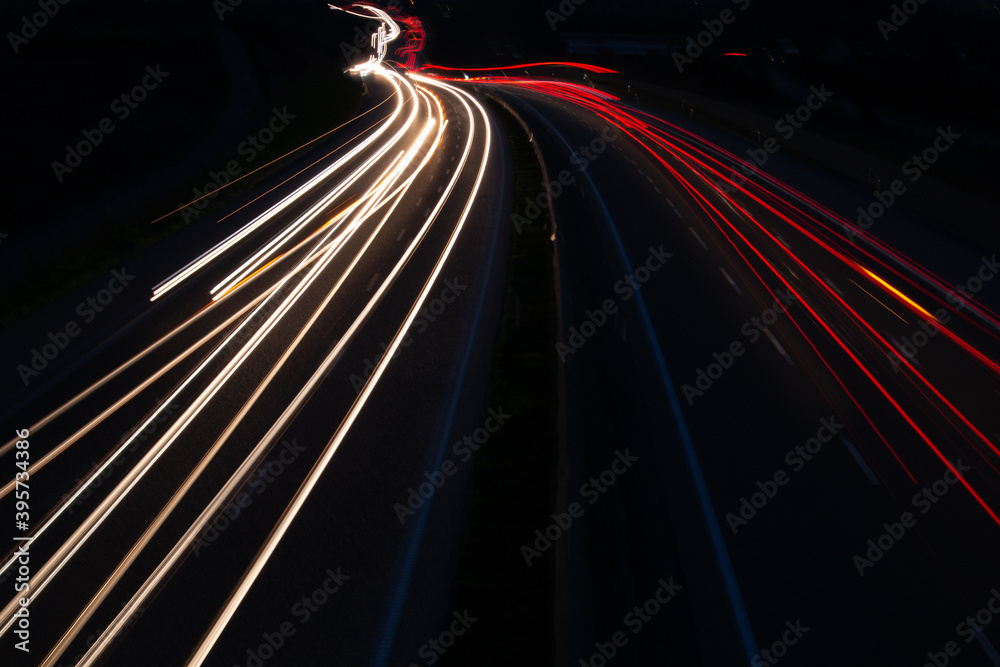 Highway trafic at night. Car lights in the highway with long exposure