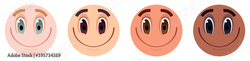 A set of vector emoticons in the skin colors of people of different races. White, colored, and black. Smiles and positive emotions, optimistic mood. On a white background, isolated.