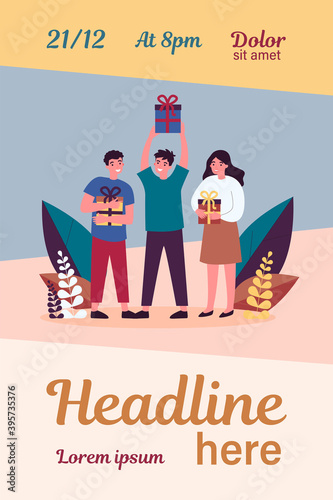 Smiling happy people holding gift boxes. Men and woman getting presents or prizes flat vector illustration. Holiday and lottery concept for banner, website design or landing web page