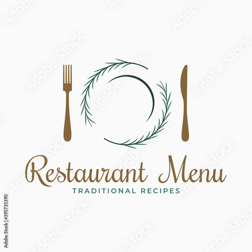 Plate logo with fork and knife and rosemary