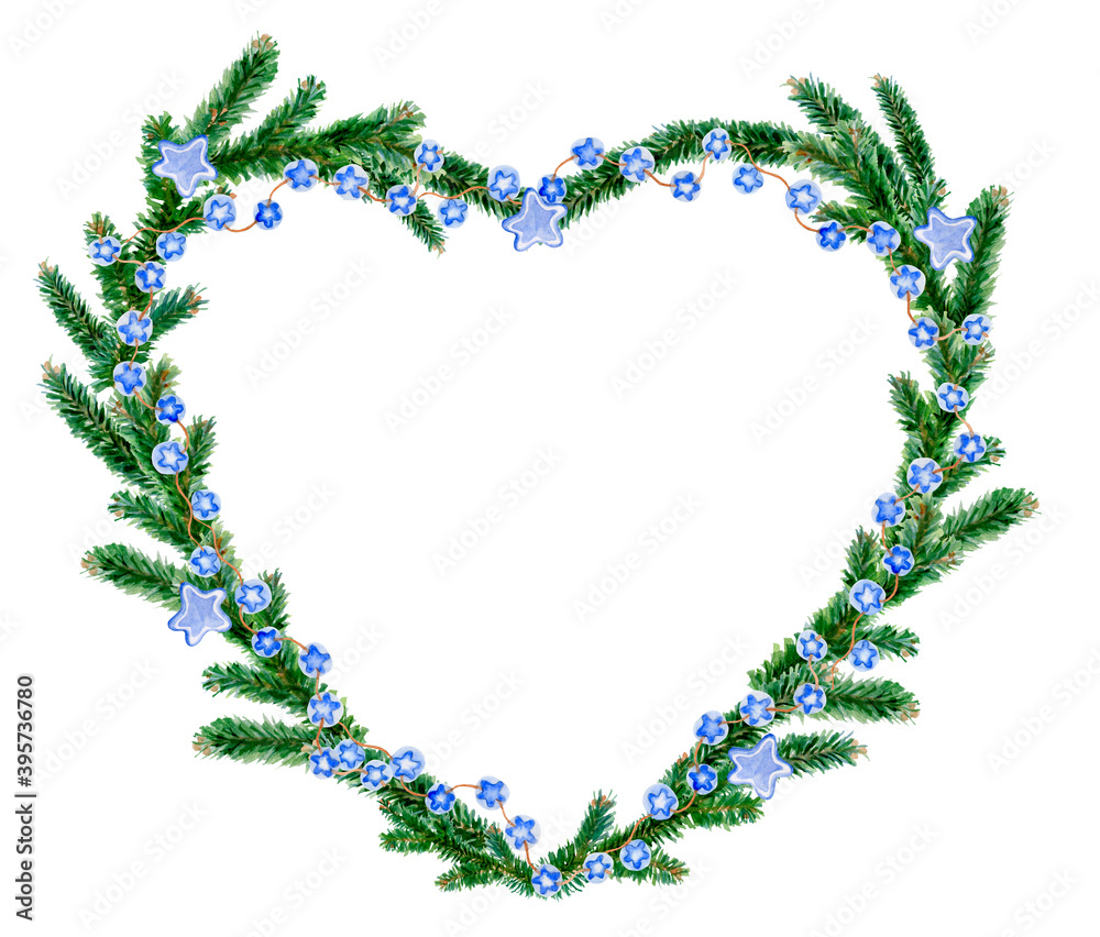Frame Heart of Spruce branches with blue glowing garlands and stars. Christmas tree. Isolated on white. Abstract hand-drawn watercolor element. Perfect for Happy New Year cards and Merry Christmas Frame Heart of Spruce branches with blue glowing garlands and stars. Christmas tree. Isolated on white. Abstract hand-drawn watercolor element. Perfect for Happy New Year cards and Merry Christmas