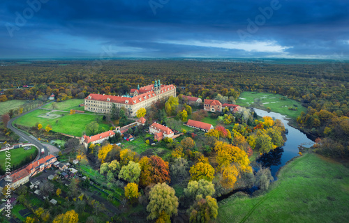 Lubiaz  Poland. Aerial view of historic Cistercian monastery  largest in the world 