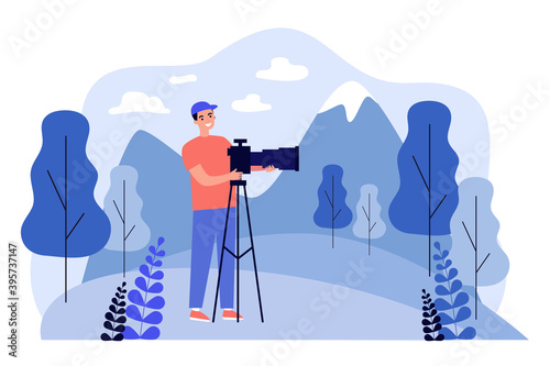 Happy travel photographer taking picture of mountain isolated flat vector illustration. Cartoon man standing and using DSLR camera on tripod. Photography of nature and landscape concept
