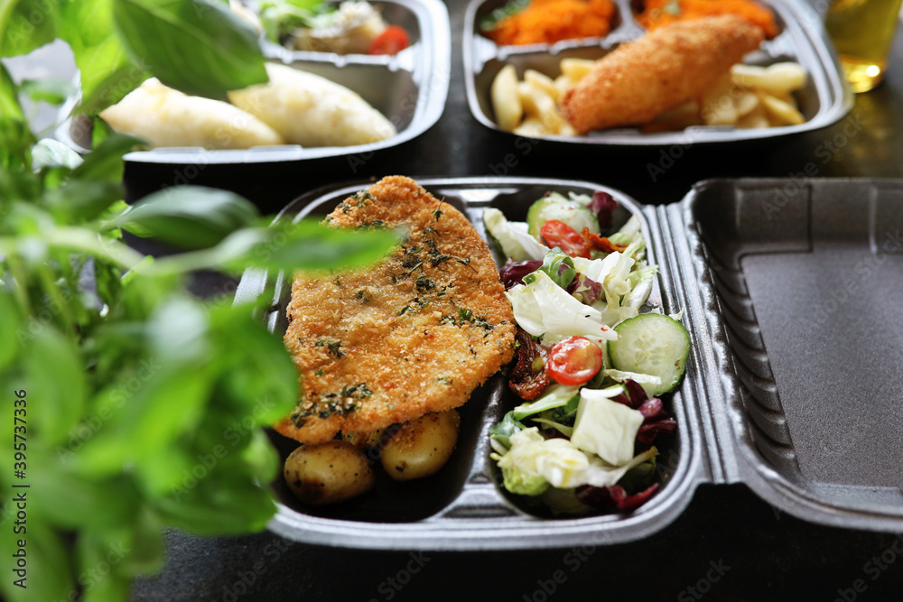   Box diet, balanced dietary catering. A set of dishes in styrofoam containers. Takeaway.