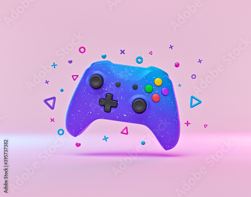 gamepad with colorful decorations. trendy design background. 3d rendering photo