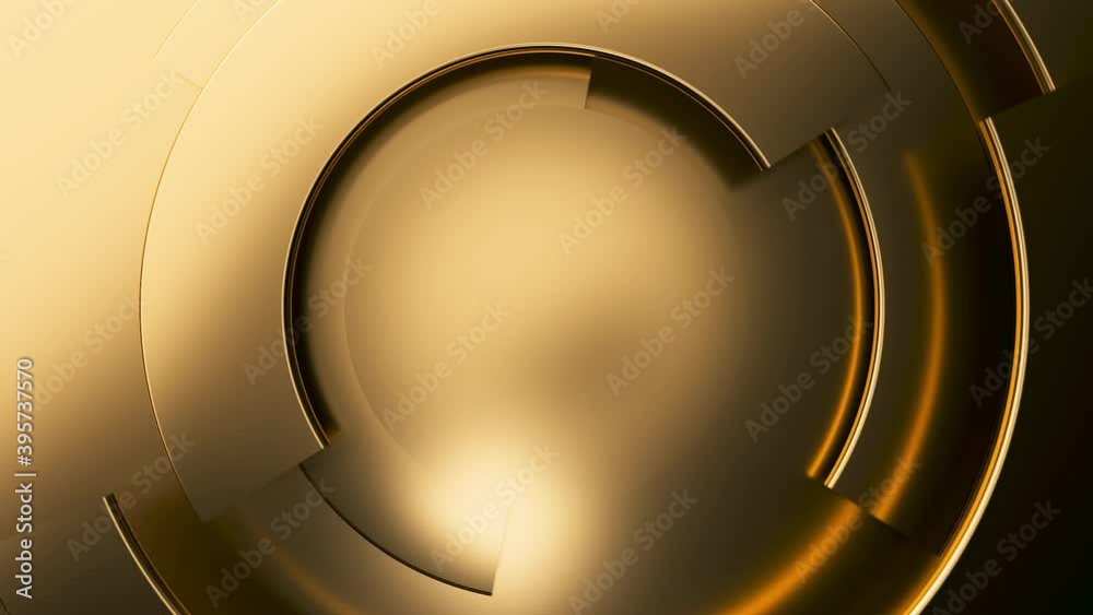 Gold modern business video background. 3D texture animation with rotating parts of a circle. Spiral surface concept. 3d render of a seamless loop.