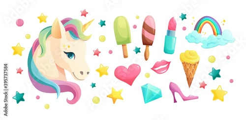 Cute unicorn face in flat style with sweet girlish elements. Ice cream, lipstick, cupcake, lips, heart, crystal, lollipop, rainbow. Cartoon vector illustration.