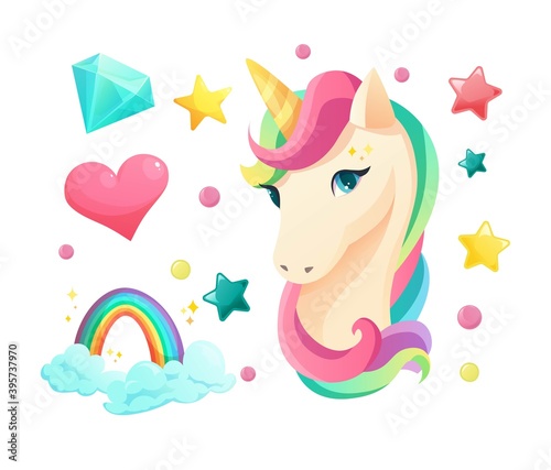 Cute unicorn face in flat style with sweet girlish elements. Ice cream, lipstick, cupcake, lips, heart, crystal, lollipop, rainbow. Cartoon vector illustration.