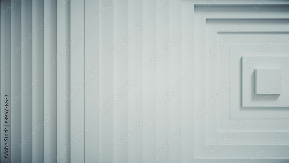 Abstract pattern of squares with offset effect. White blank animation cubes. Abstract background for business presentation. The center is shifted to the side. Seamless loop 4k 3d render