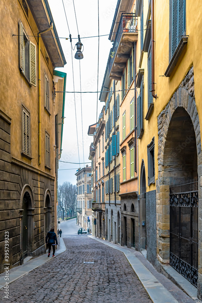 Historical street view in Citta Alta of Bergamo City