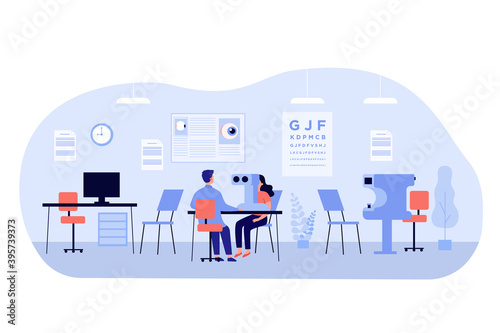 Experienced ophthalmologist checking patient vision flat vector illustration. Cartoon oculist making eye surgery laser correction. Optical medicine and healthcare concept