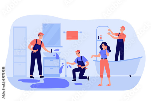 Professional plumber team trying to stop house flooding flat vector illustration. Cartoon workers plumbing in bathroom. Repair service and emergency maintenance concept