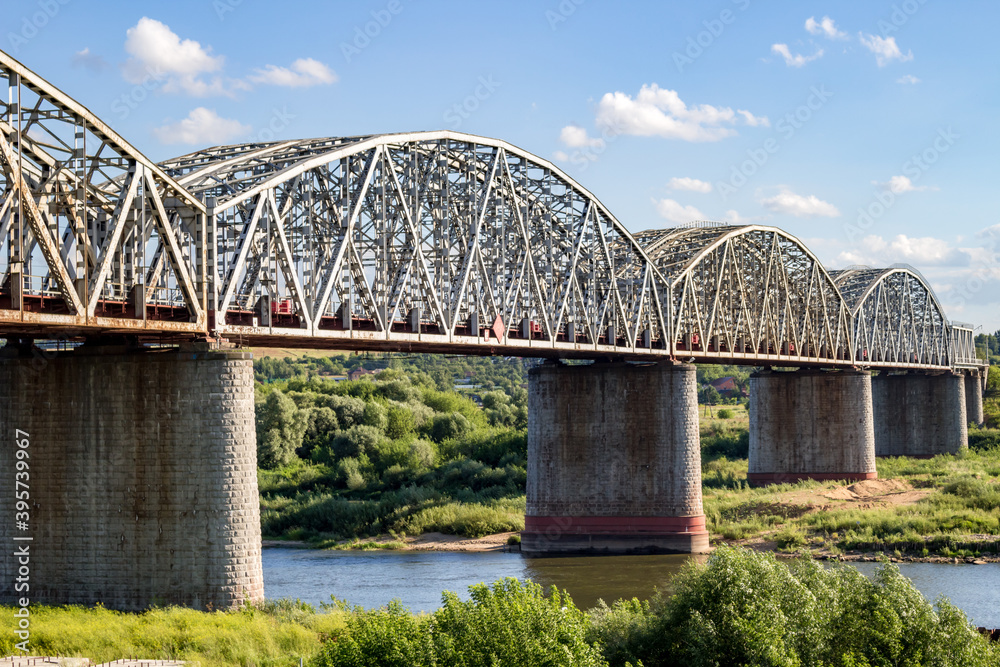 SERPUHOV, RUSSIA - AUGUST 2017: Railway bridge across the Oka River. Kurskoe direction of the Moscow railway