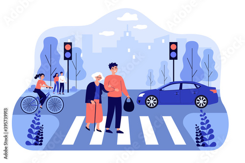 Happy man helping old woman crossing city street isolated flat vector illustration. Cartoon characters walking on road crosswalk. Urban lifestyle and traffic concept