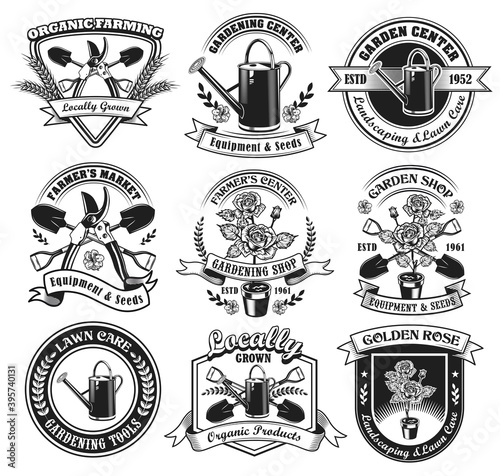 Gardening market labels set. Monochrome design elements with watering pots, potted flowers, spades, pruner and other tools. Organic farming concept for stamps and emblems templates