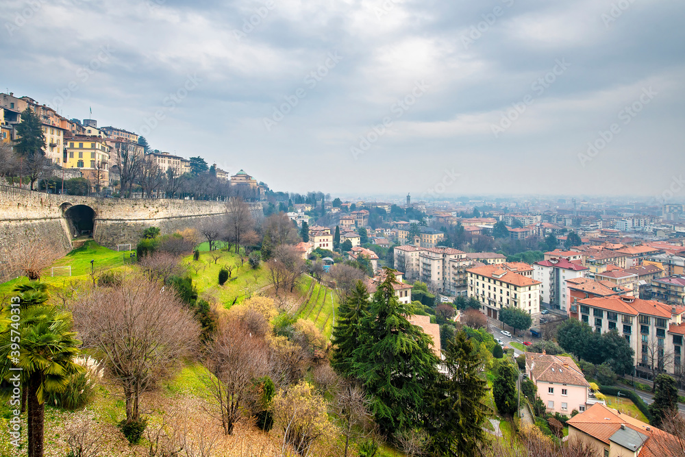 Citta Alta and Venetian wall view from Porta San Giacomo in Bergamo City