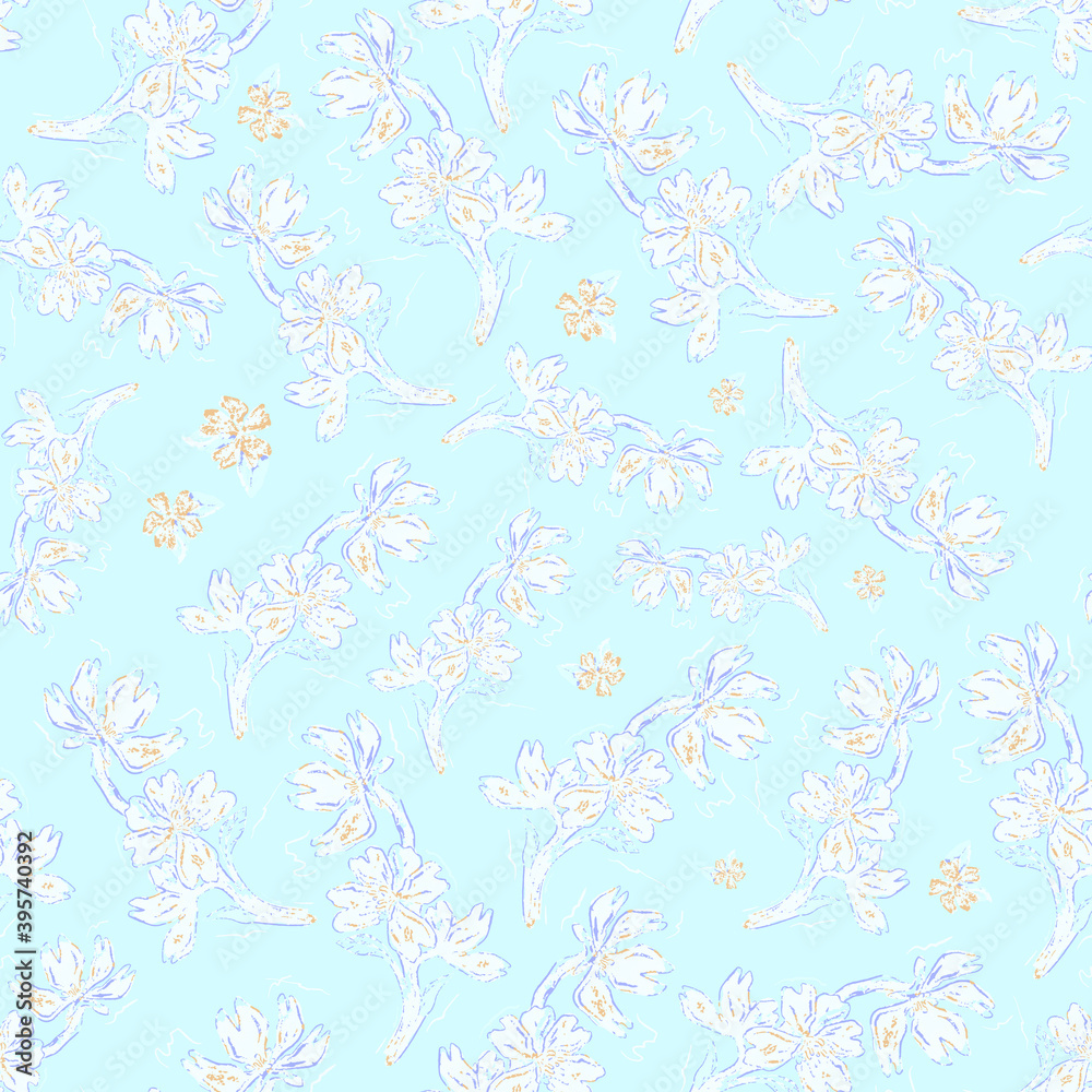 Blue flowers on light blue background. Botanical pattern in chinese style