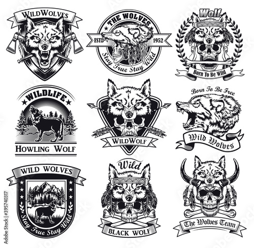 Grinning and howling wolves set. Monochrome design elements with animal in woods and human skull wearing skin and head. Power or wildlife concept for stamps and emblems templates