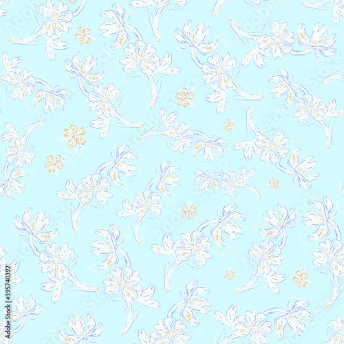 Blue flowers on light blue background. Botanical pattern in chinese style