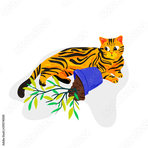 Playful cat broke the pot hand drawn cartoon illustration. Pet knocked over flower banner design.