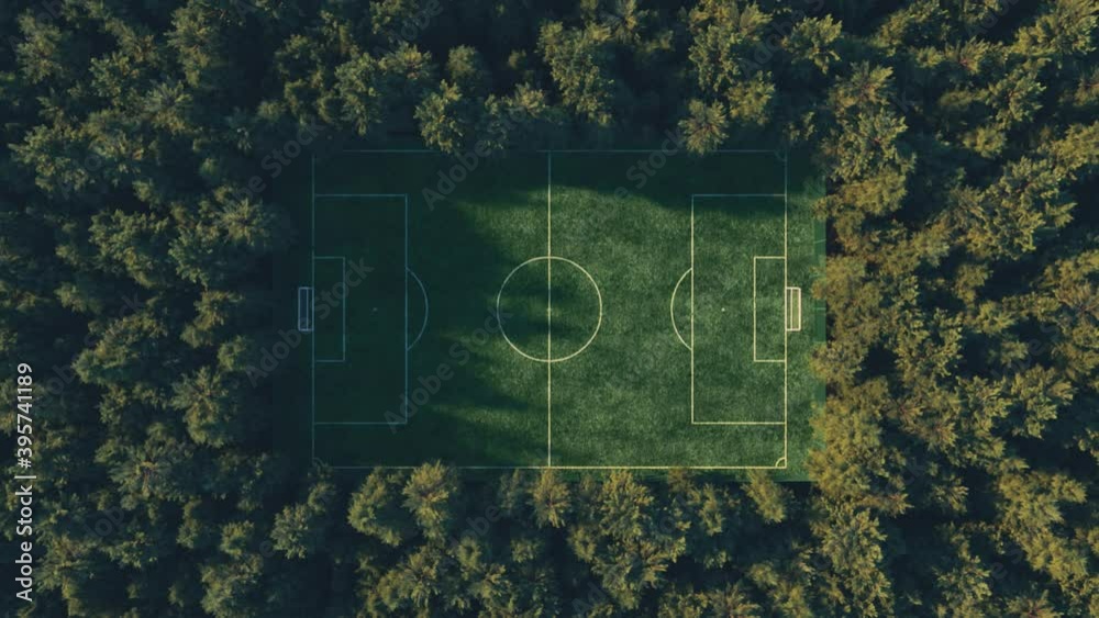 Football field in the middle of the forest top view. Simulated aerial photography. Realistic 3D animation