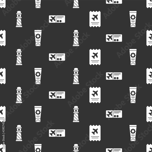 Set Airline ticket, Sunscreen cream in tube, Lighthouse and Airline ticket on seamless pattern. Vector.