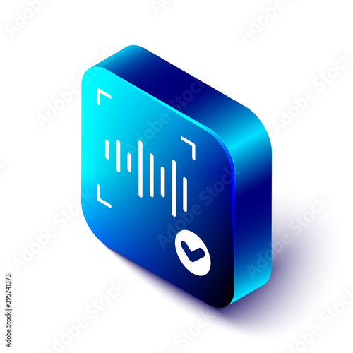 Isometric Voice recognition icon isolated on white background. Voice biometric access authentication for personal identity recognition. Cyber security. Blue square button. Vector.