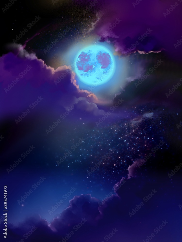 Background of beautiful blue full moon in starry space	
