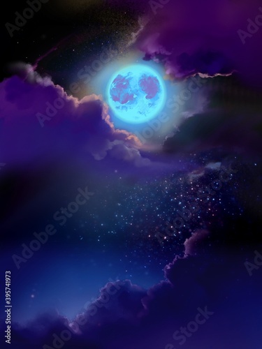 Background of beautiful blue full moon in starry space 
