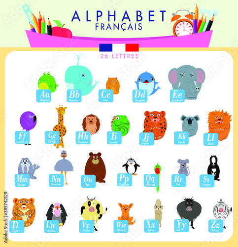 French alphabet for kid illustration with animals