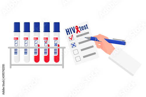 Vector cartoon illustration with stand and test tubes with blood test for HIV and blank with results. World AIDS Day. photo