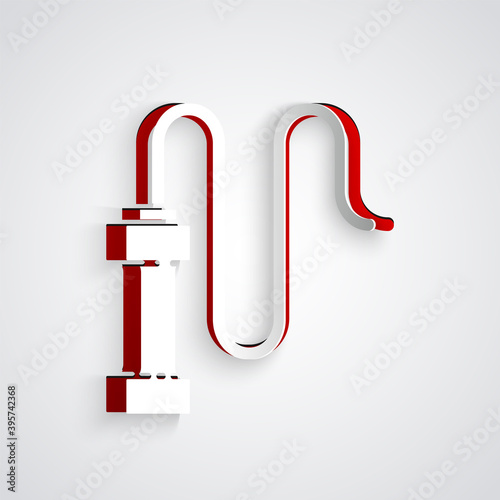 Paper cut Braided leather whip icon isolated on grey background. Paper art style. Vector.