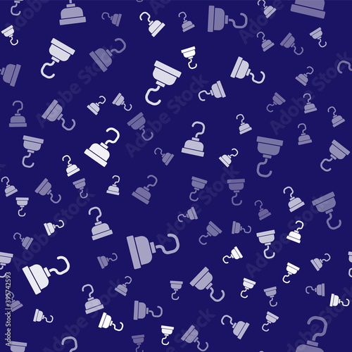 White Pirate hook icon isolated seamless pattern on blue background. Happy Halloween party. Vector.