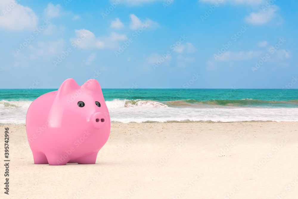 Pink Piggy Bank on the Ocean or Sea Sand Beach. 3d Rendering