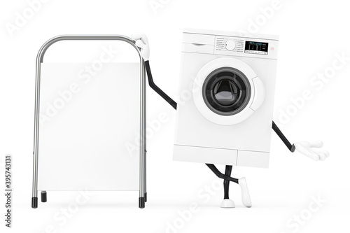 Modern White Washing Machine Character Mascot with White Blank Advertising Promotion Stand. 3d Rendering photo