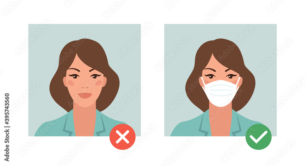 Mask required. Woman with and without medical mask. Vector illustration in flat style. Mask required. Woman with and without medical mask. Vector illustration in flat style.