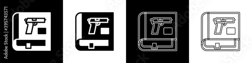 Set Book with pistol or gun icon isolated on black and white background. Police or military handgun. Small firearm. Weapon catalog. Vector.