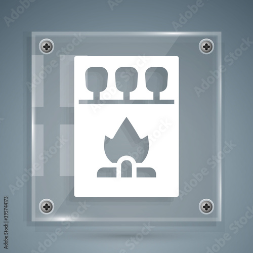 White Open matchbox and matches icon isolated on grey background. Square glass panels. Vector.