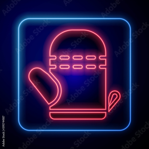 Glowing neon Oven glove icon isolated on blue background. Kitchen potholder sign. Cooking glove. Vector.