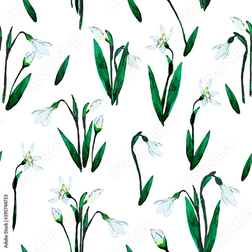 Seamless pattern with watercolor hand drawn snowdrops for fabric, textile, paper, banner, decoration, cover etc.